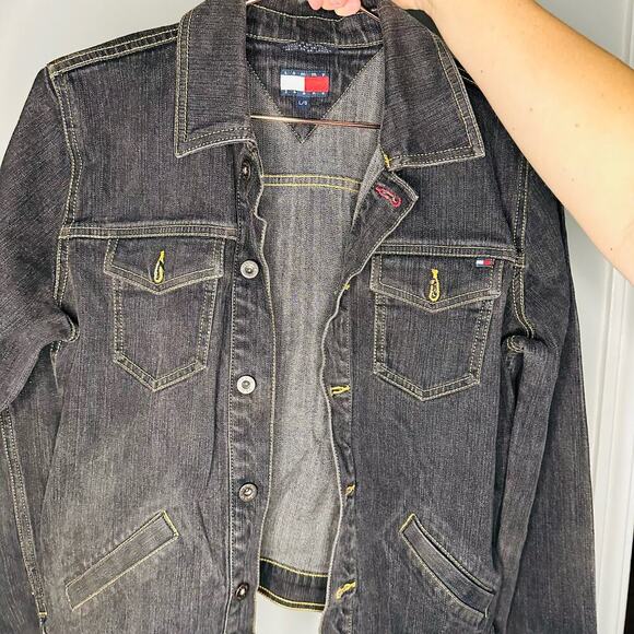 Vintage Tommy Hilfiger Black Button Front Pockets Denim Jacket Size Large - Picture 5 of 9
